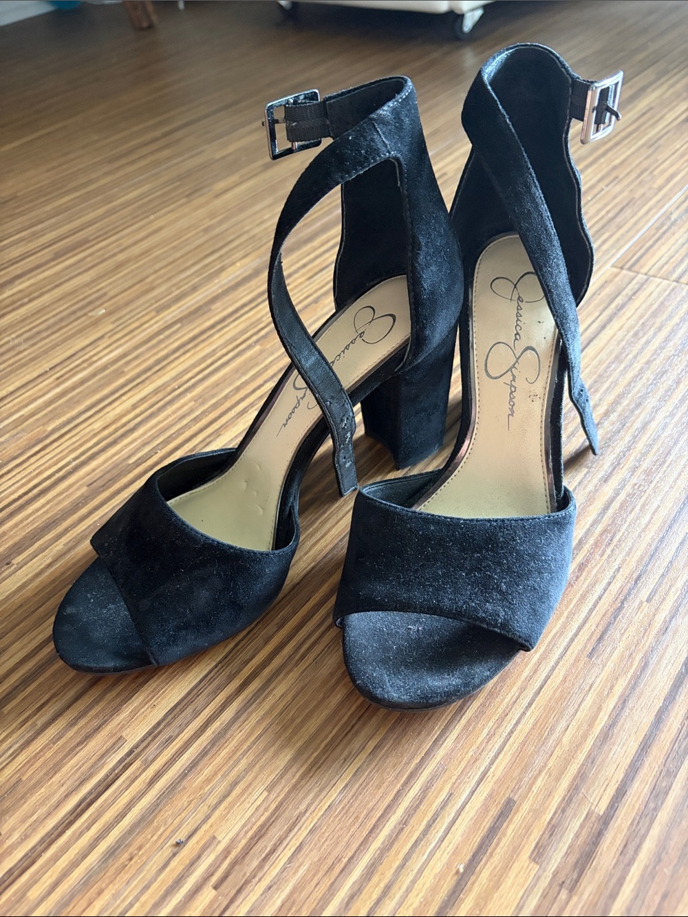 Jessica Simpson Black Suede Strappy Block Heel Sandals